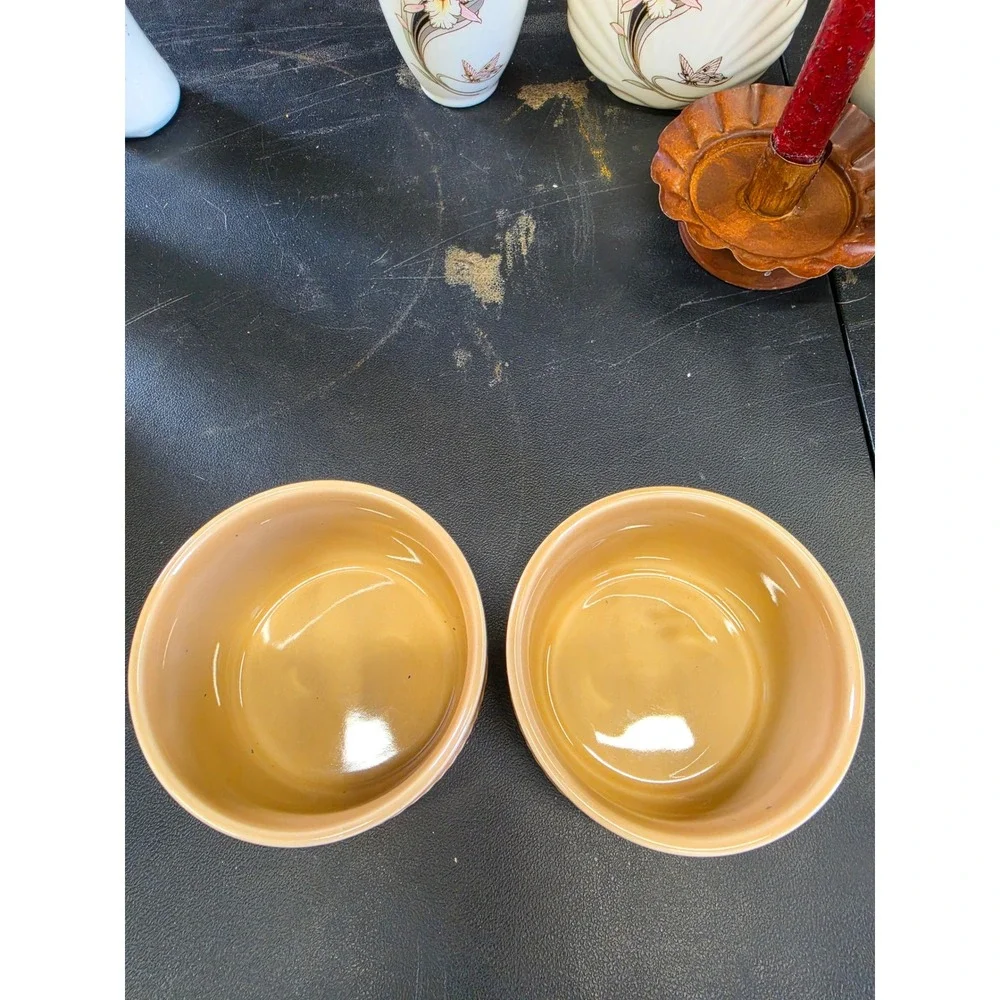 JM Smucker Co Tan Ceramic Bowls Set of 2 Embossed Rope Dot Crocks Vtg Style